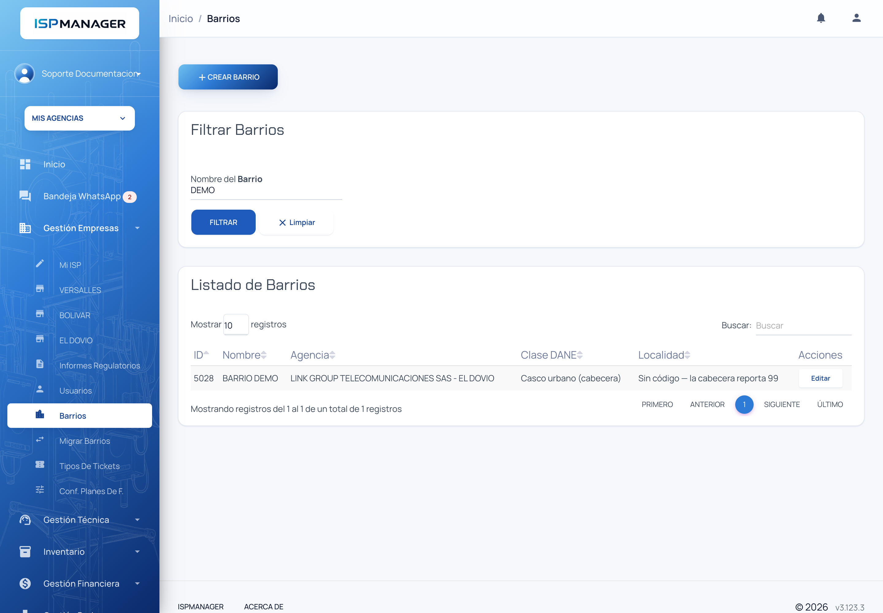 Listado de barrios con las columnas ID, Nombre, Agencia, Clase DANE y Localidad