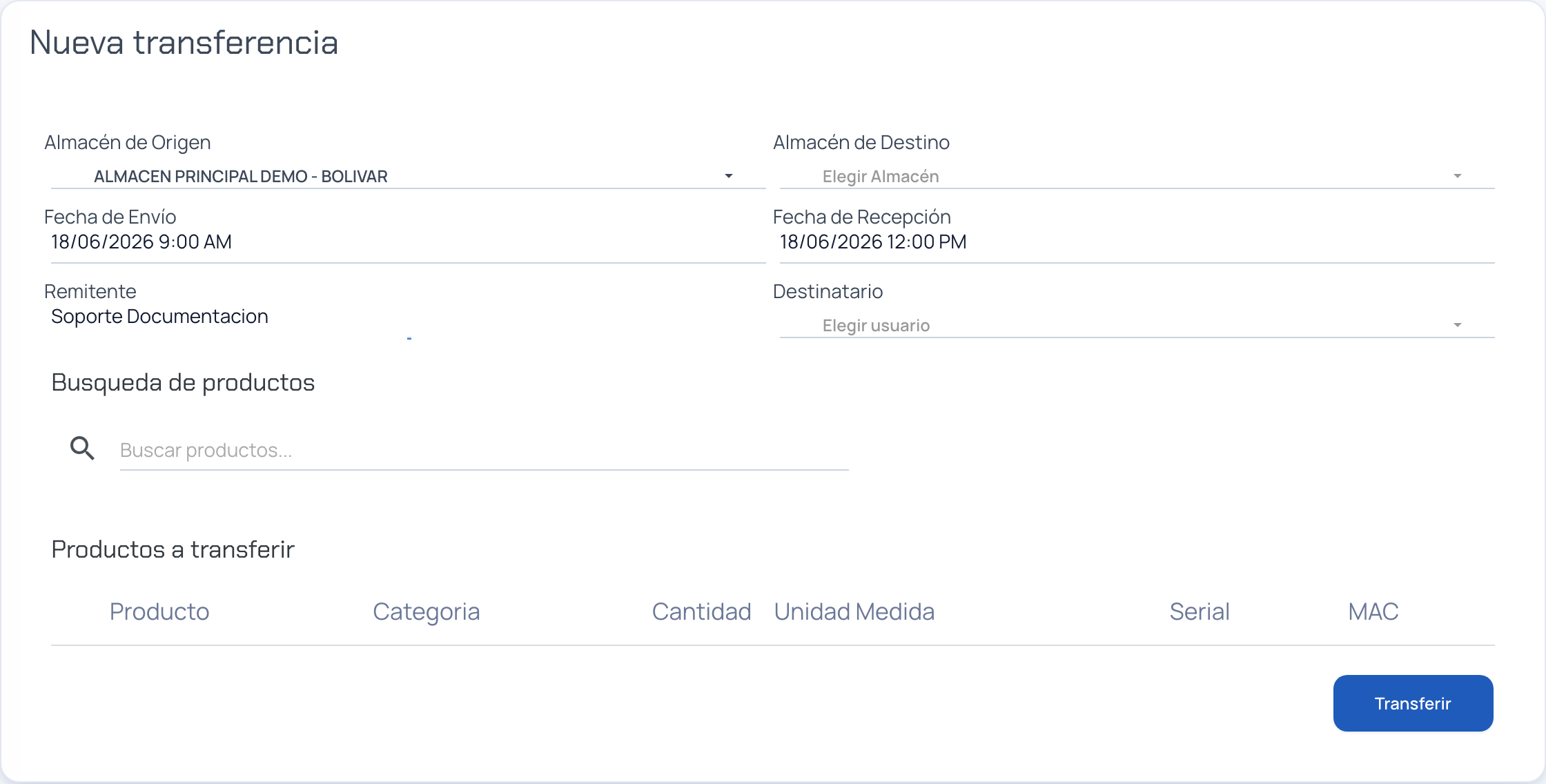 Formulario de nueva transferencia con los campos de origen, destino, fechas y destinatario