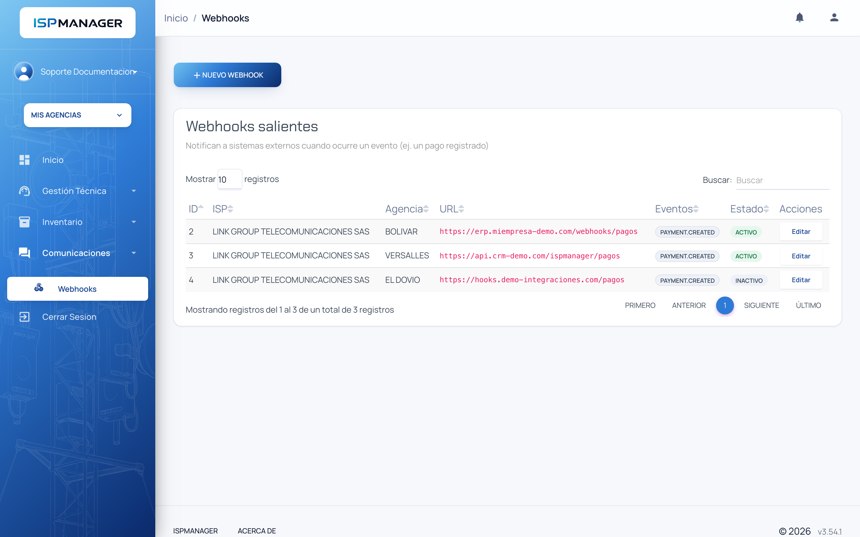 Lista de webhooks salientes con columnas de ISP, agencia, URL, eventos y estado, y el botón Nuevo Webhook