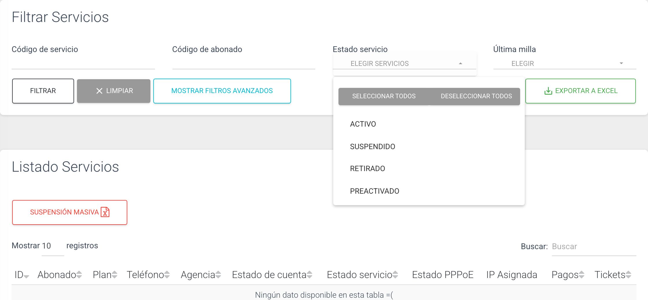 Filtro de estado del servicio con selección múltiple