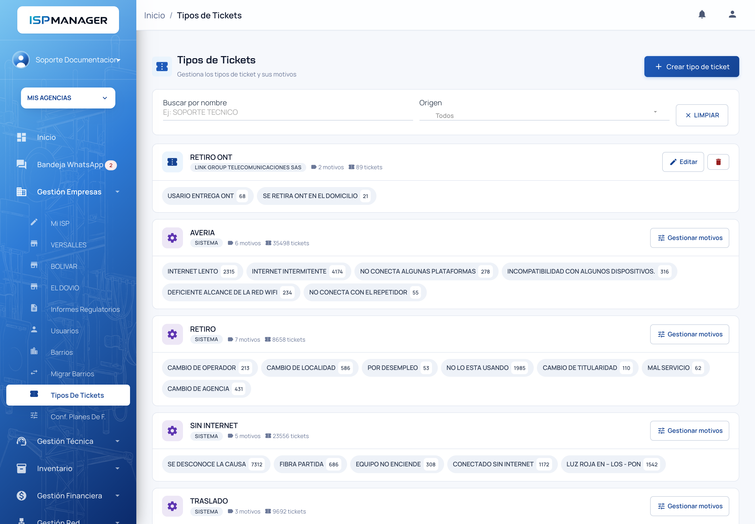 Módulo Tipos de Tickets con el botón Crear tipo de ticket, los filtros y las tarjetas de cada tipo