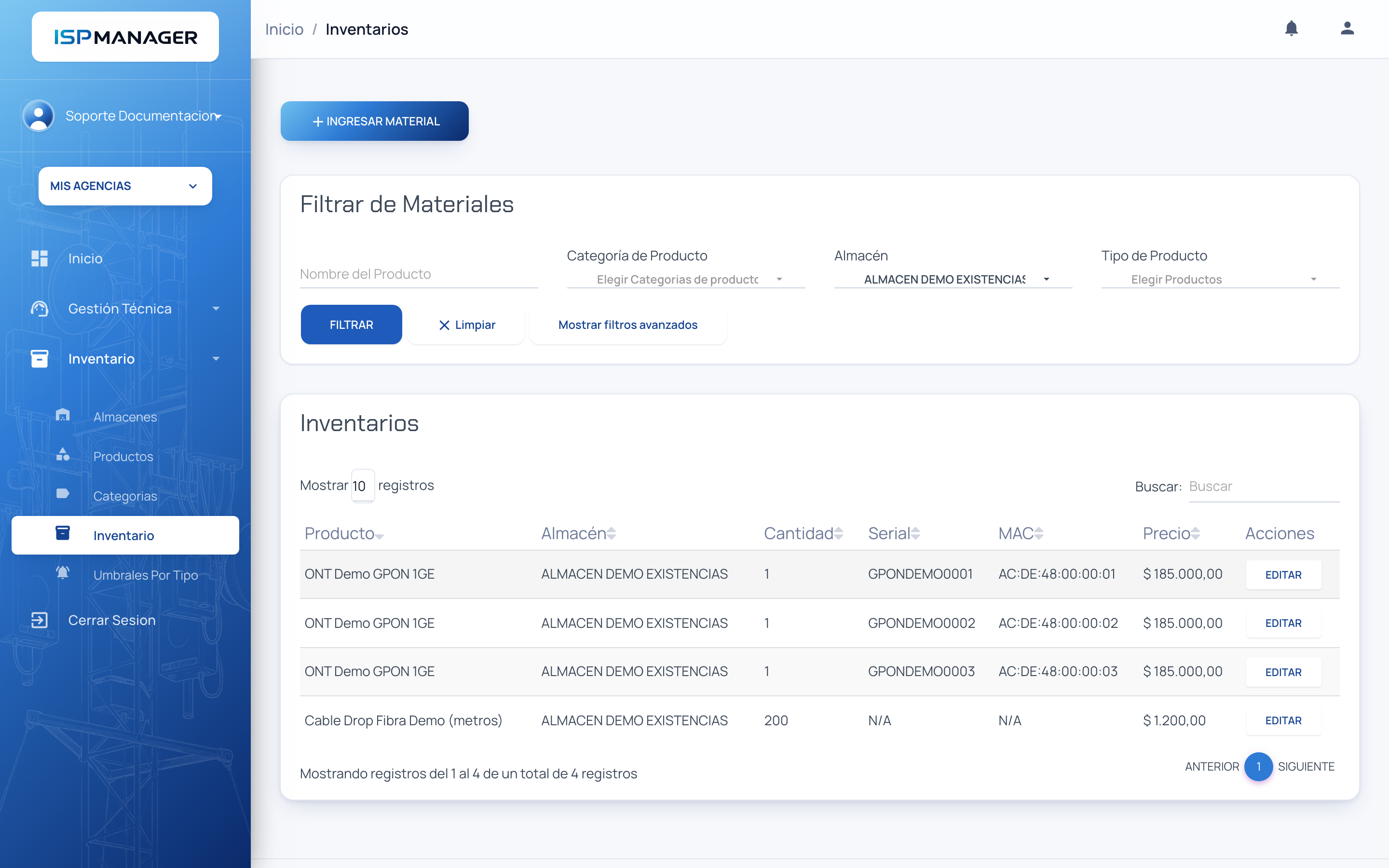 Pantalla de Existencias con el botón Ingresar material, los filtros de búsqueda y la tabla de inventario