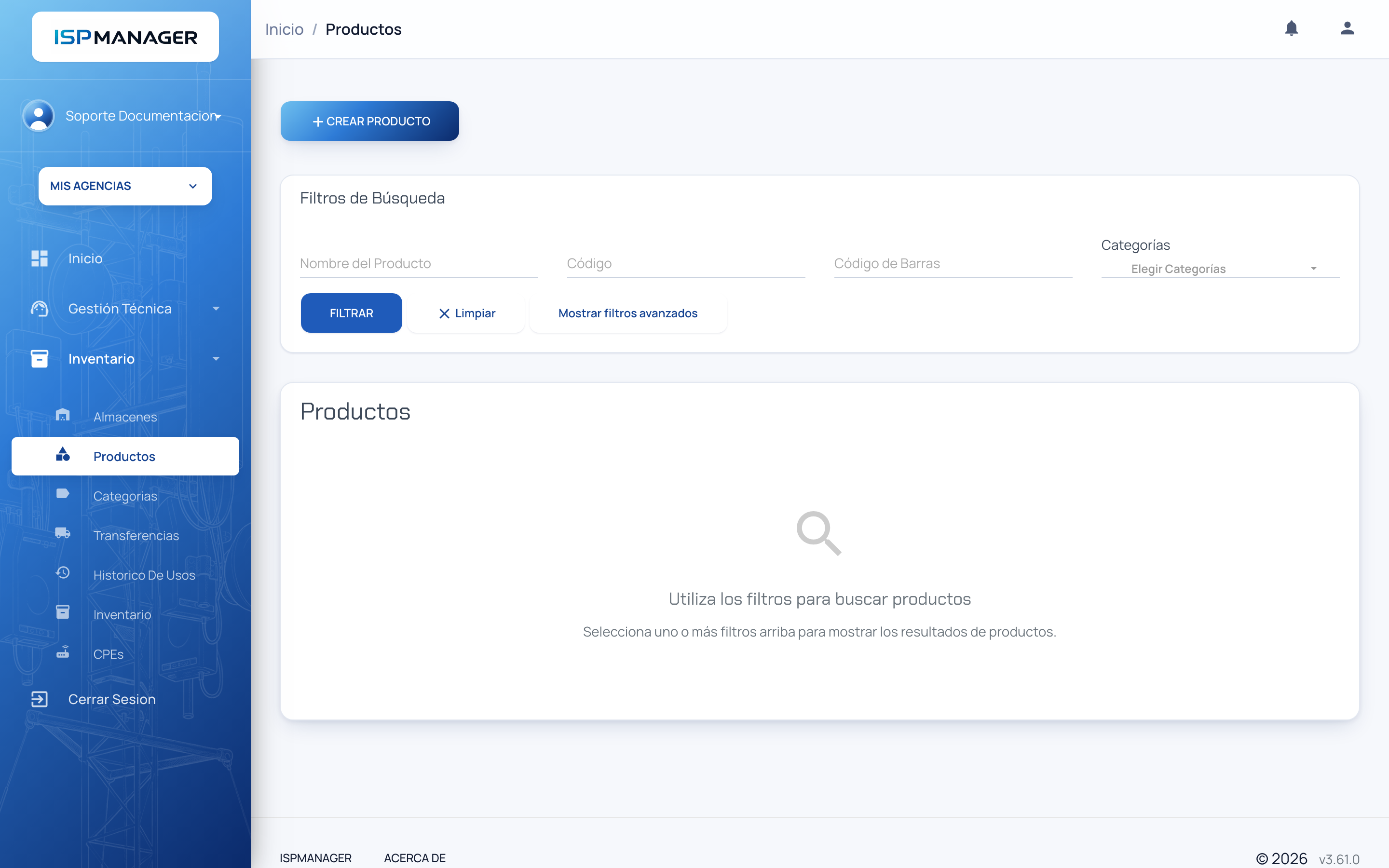 Pantalla de Productos con el botón Crear Producto y la sección de filtros