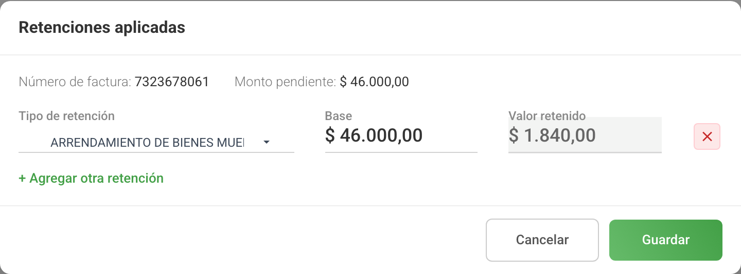 Ventana Retenciones aplicadas con el tipo de retención, la base y el valor retenido calculado automáticamente