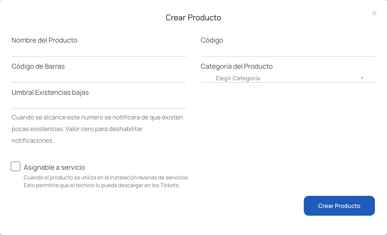 Ventana para crear un producto con todos sus campos