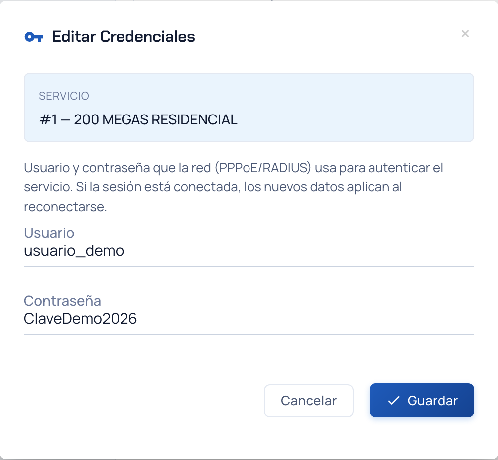 Ventana Editar Credenciales con los campos Usuario y Contraseña