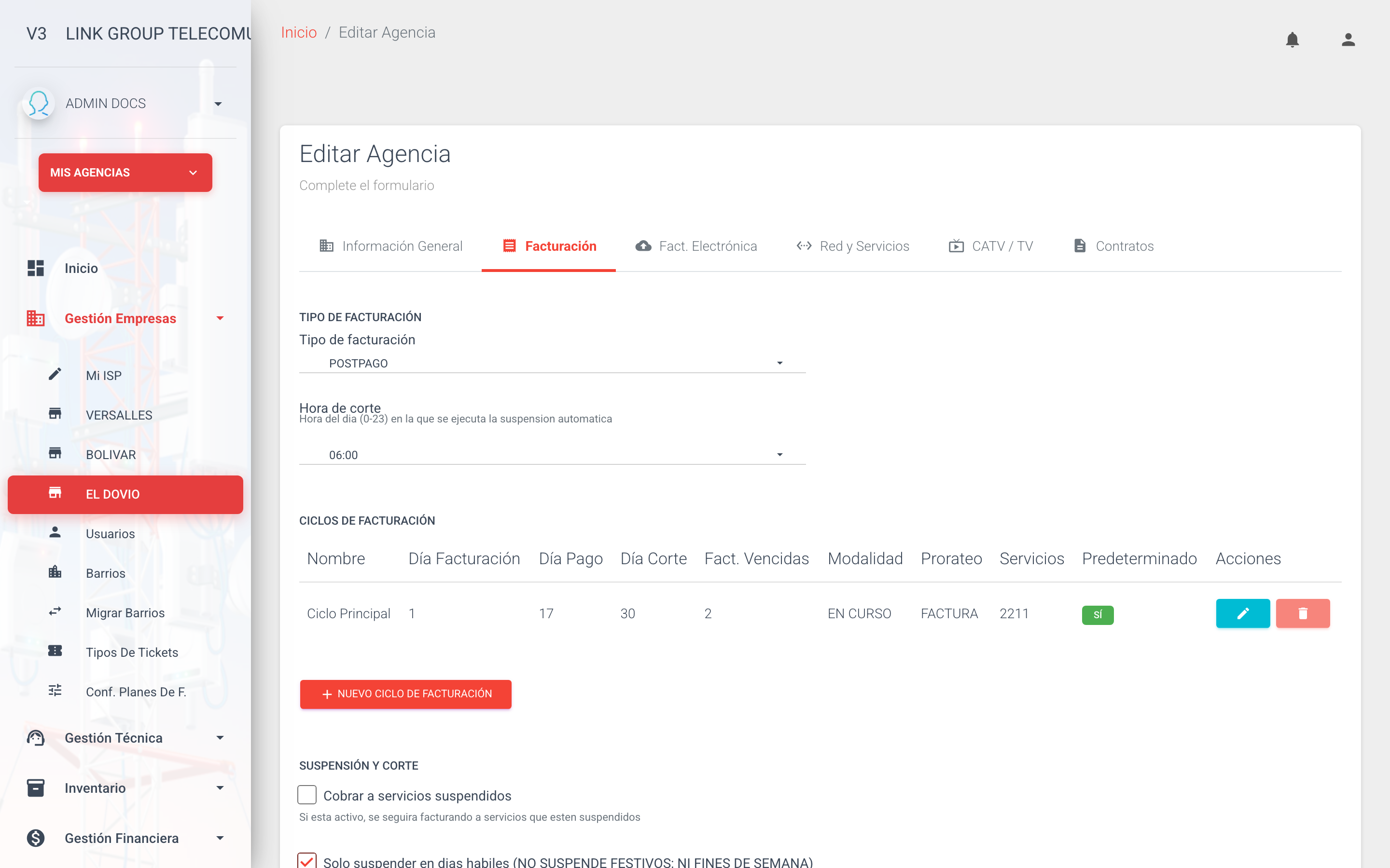 Pestaña de configuración de facturación de la agencia