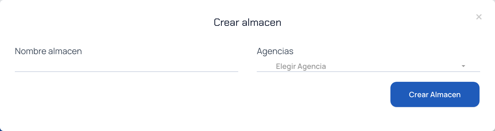 Ventana para crear un almacén con los campos de nombre y agencias