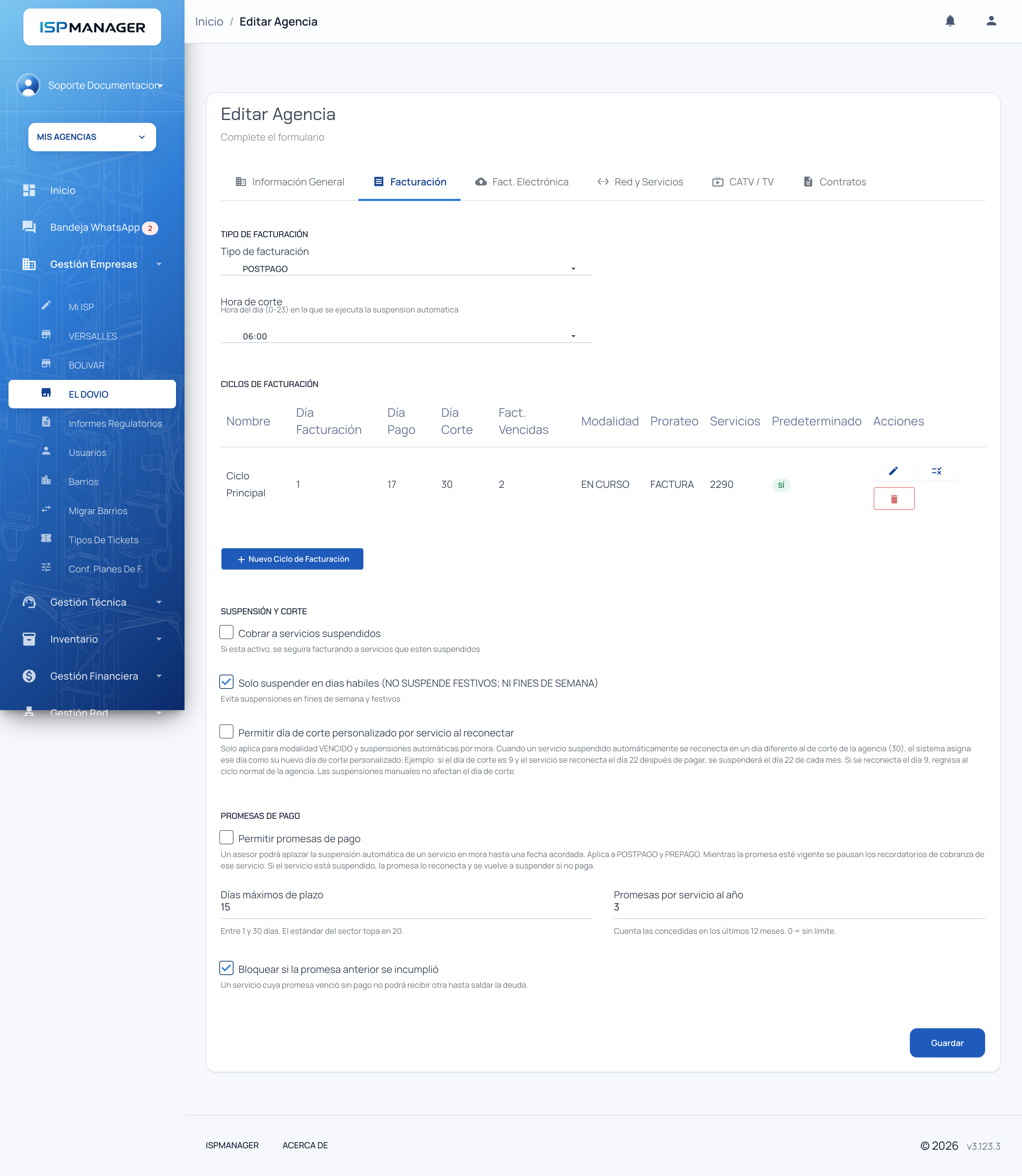Pestaña de configuración de facturación de la agencia