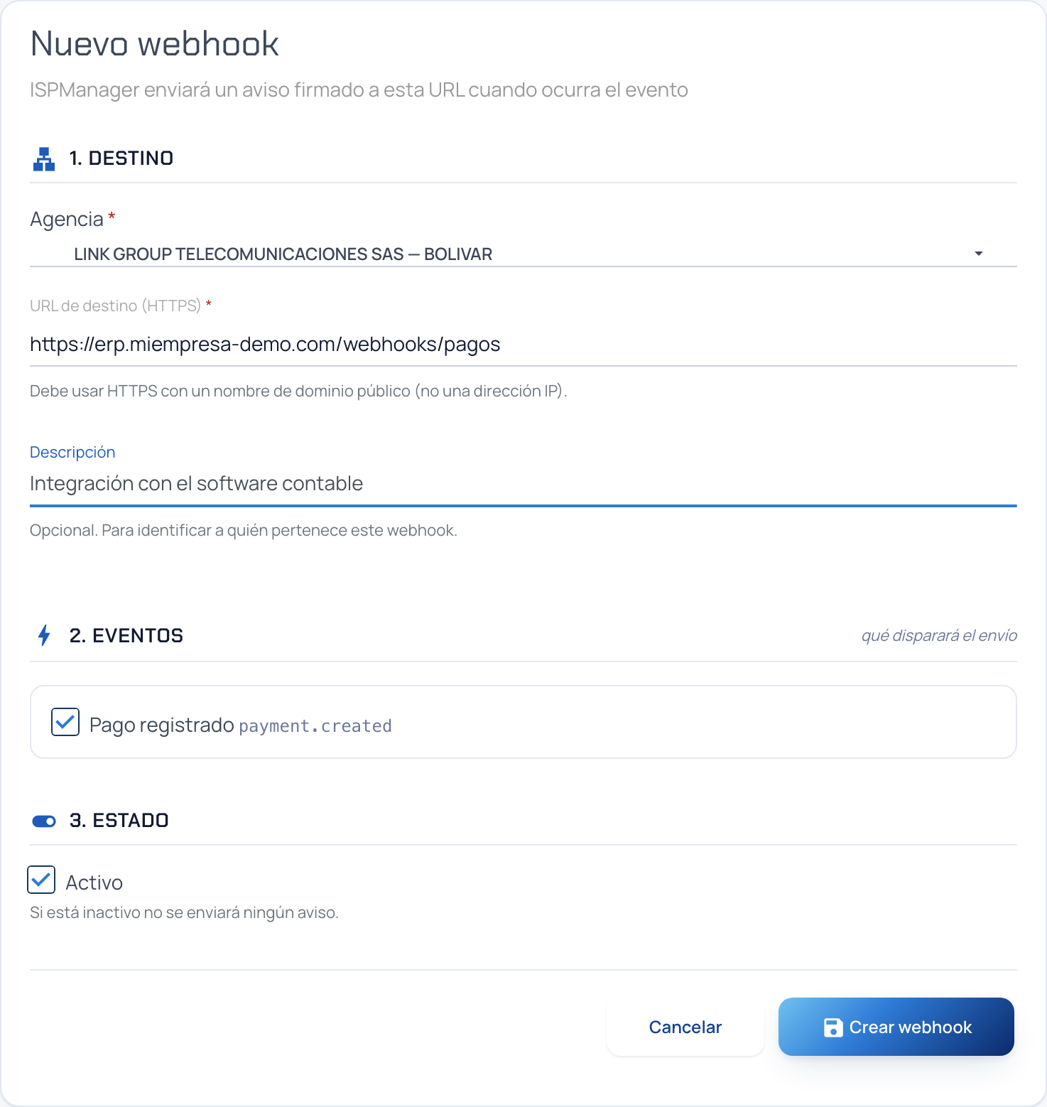 Formulario Nuevo webhook con las secciones Destino, Eventos y Estado