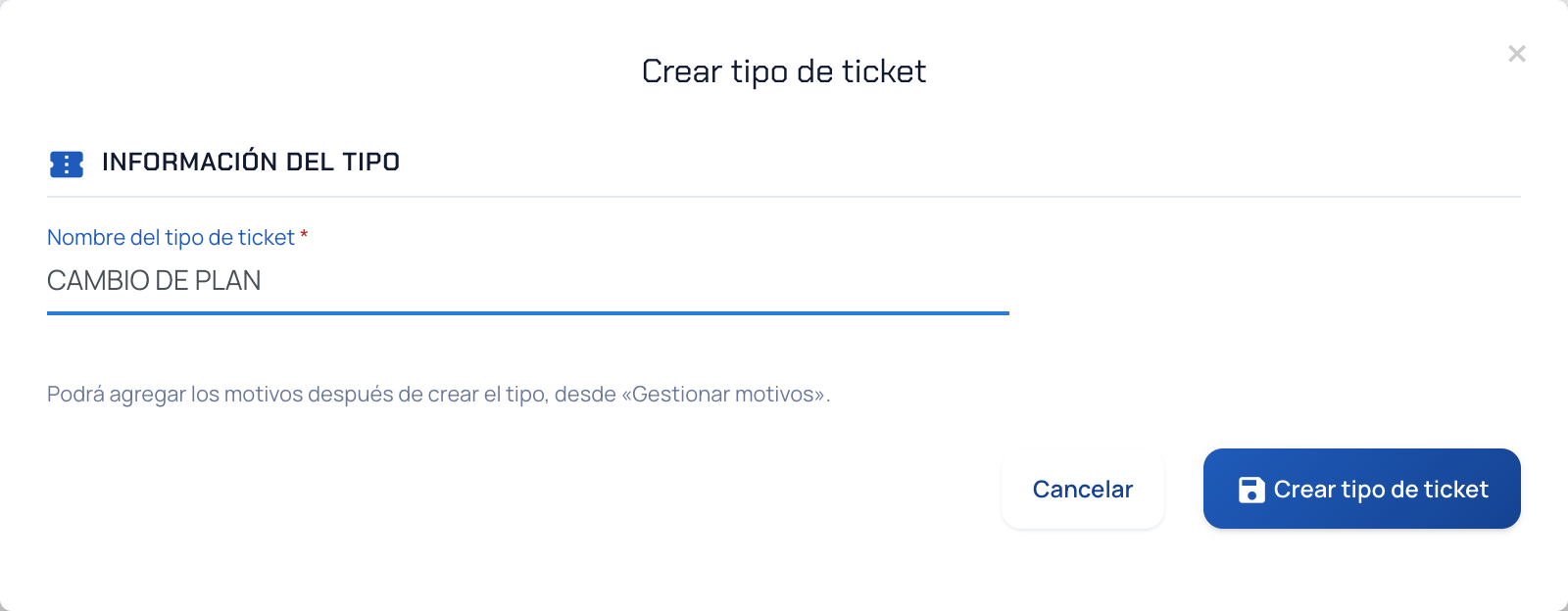 Ventana Crear tipo de ticket con el campo de nombre