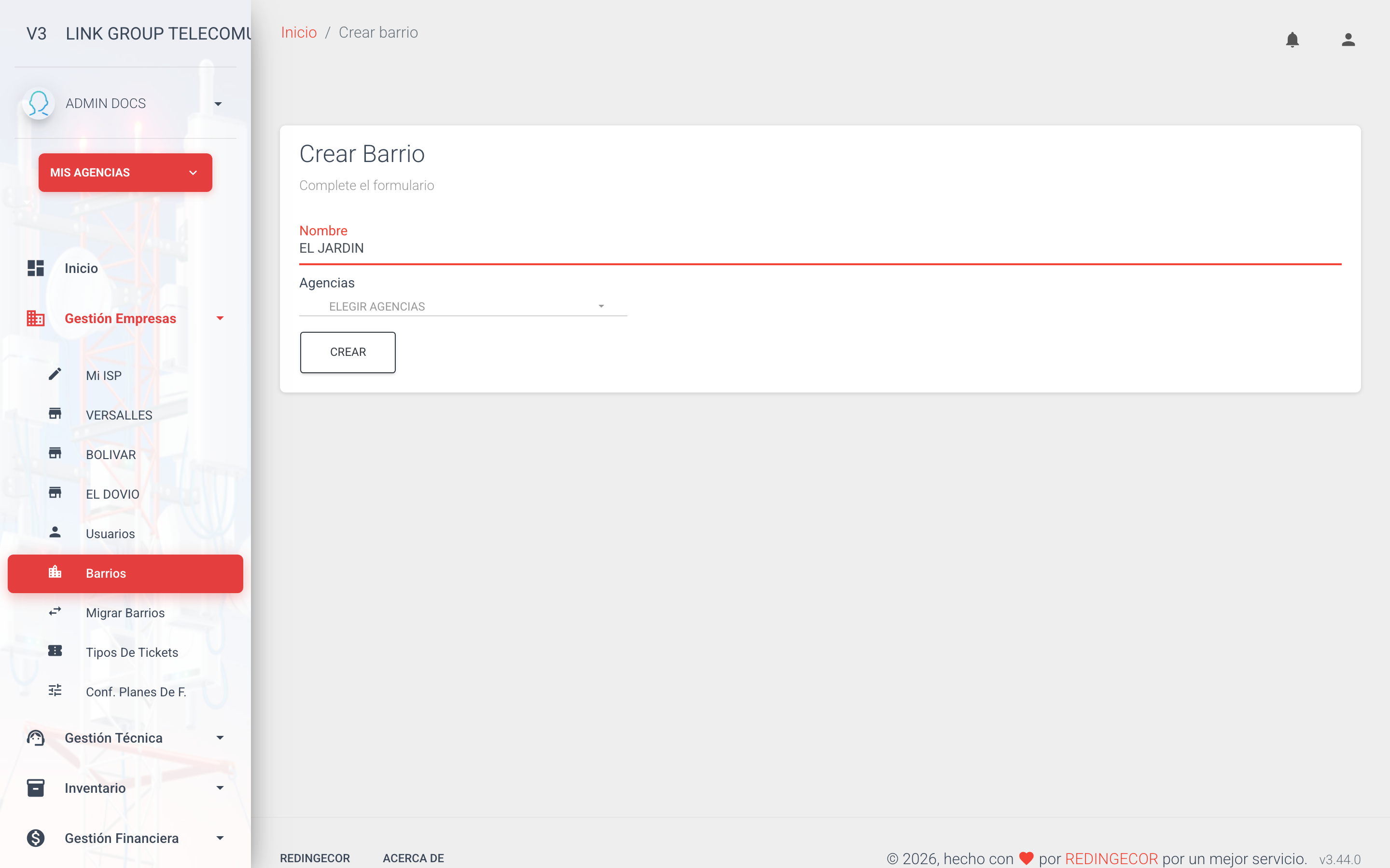 Formulario de creación de barrio con los campos Nombre y Agencias