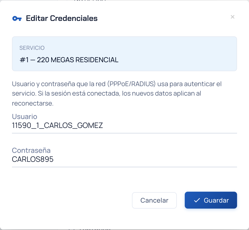 Ventana Editar Credenciales con los campos Usuario y Contraseña
