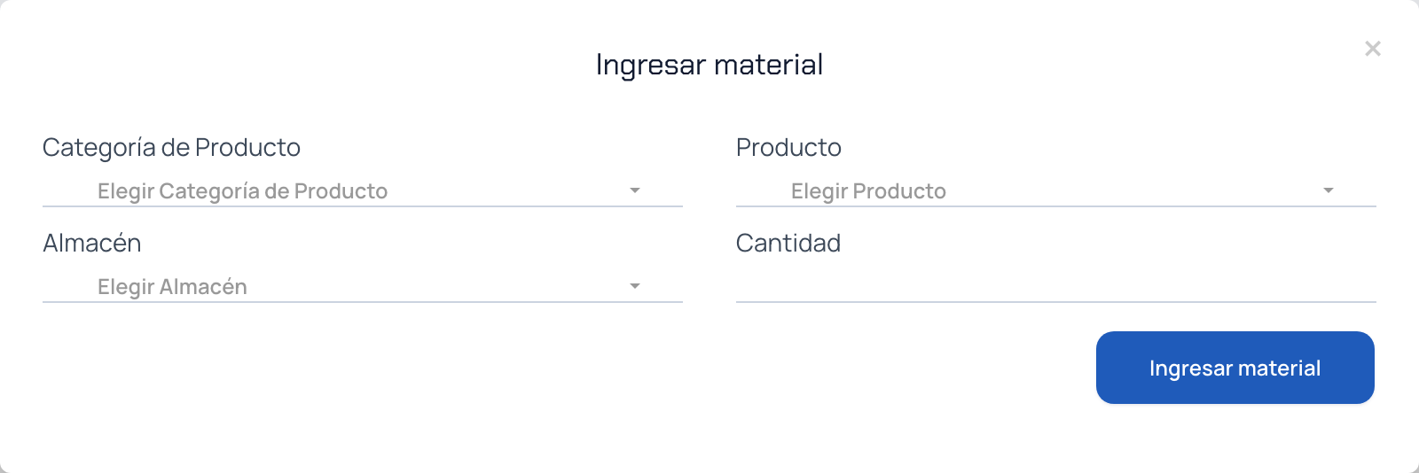 Ventana Ingresar material con los campos de categoría, producto, almacén y cantidad