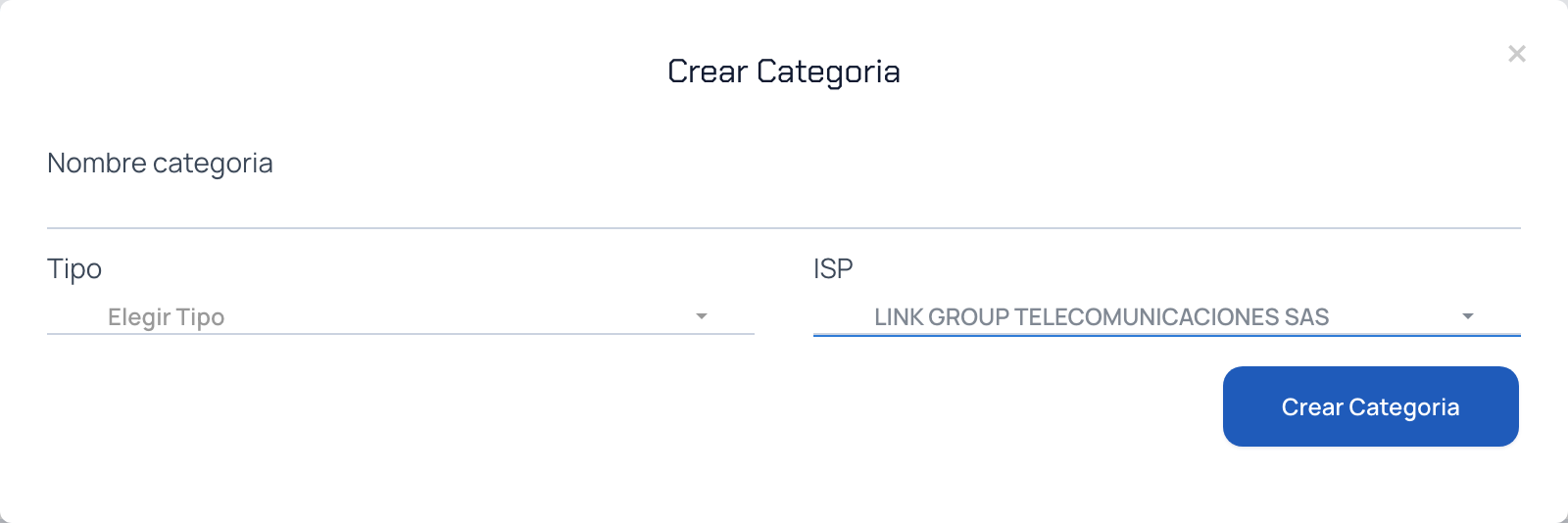 Ventana para crear una categoría con los campos Nombre categoría y Tipo