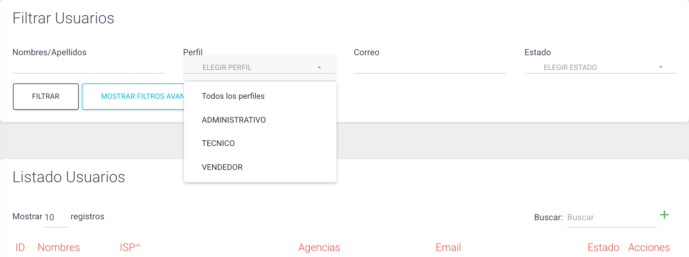 Opciones del filtro de perfil