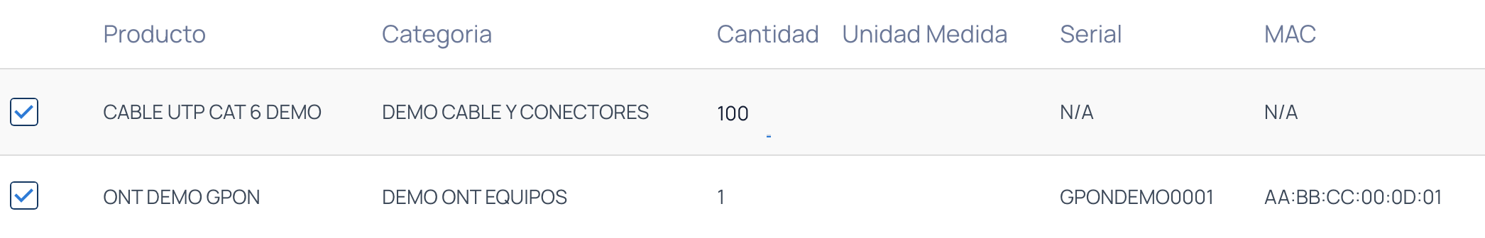 Lista de productos a transferir con un equipo con serial y un material de consumo