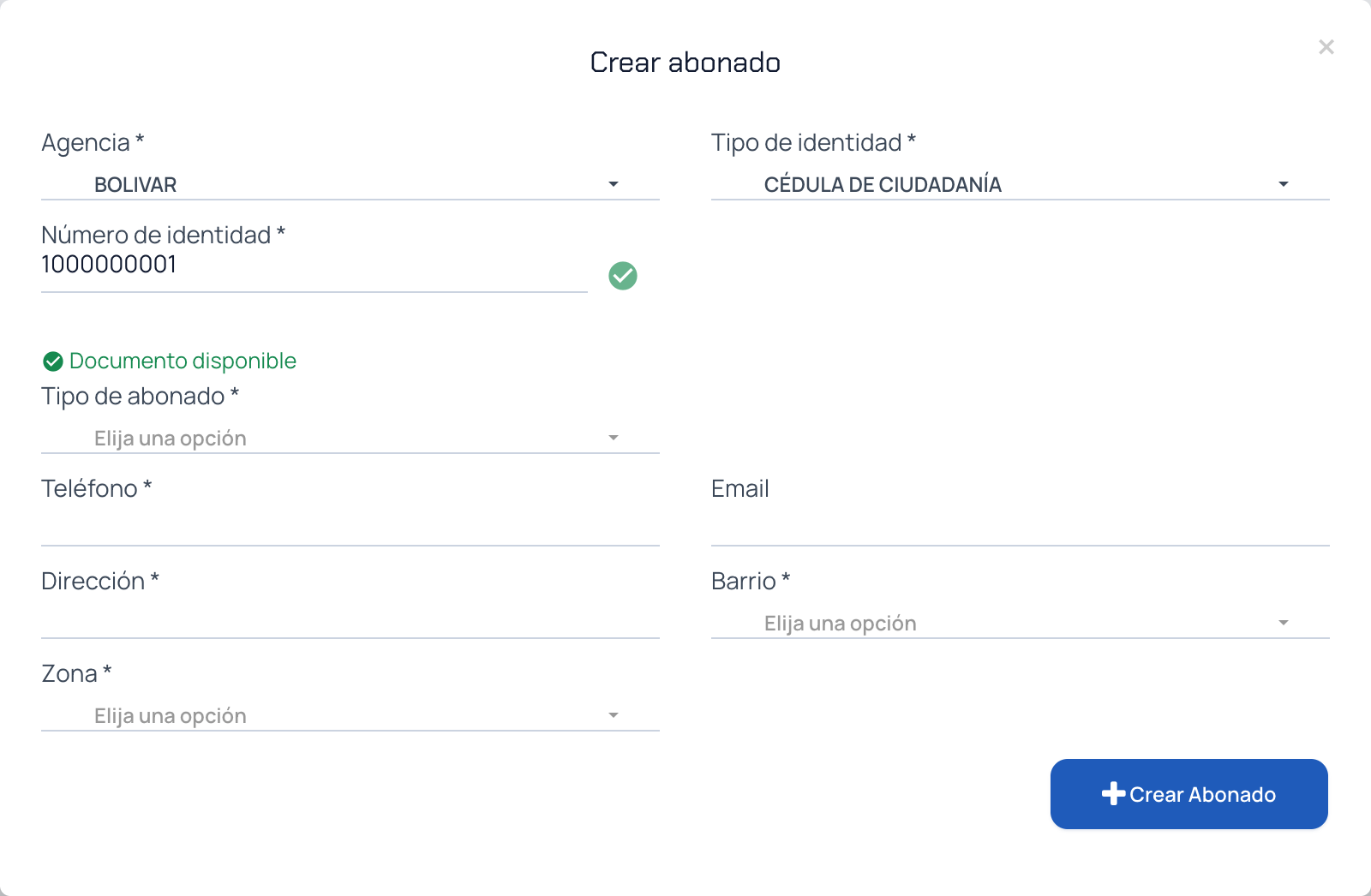 Ventana Crear abonado con agencia, tipo y número de identidad verificados