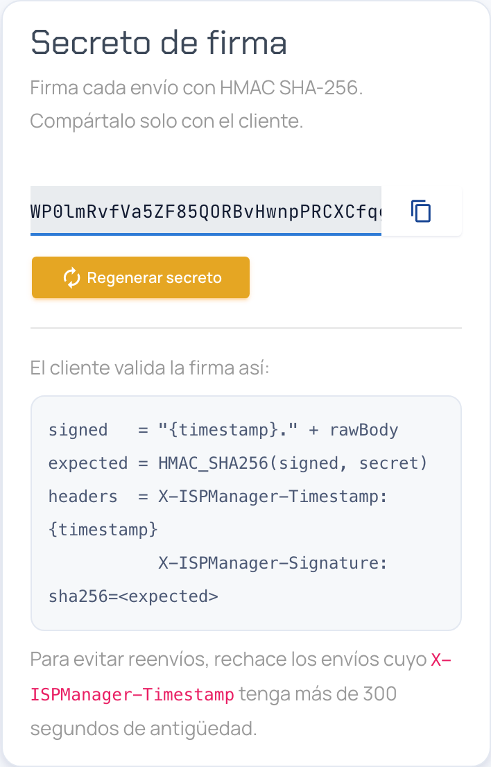 Panel Secreto de firma con el valor del secreto, el botón Regenerar secreto y las instrucciones de validación de la firma