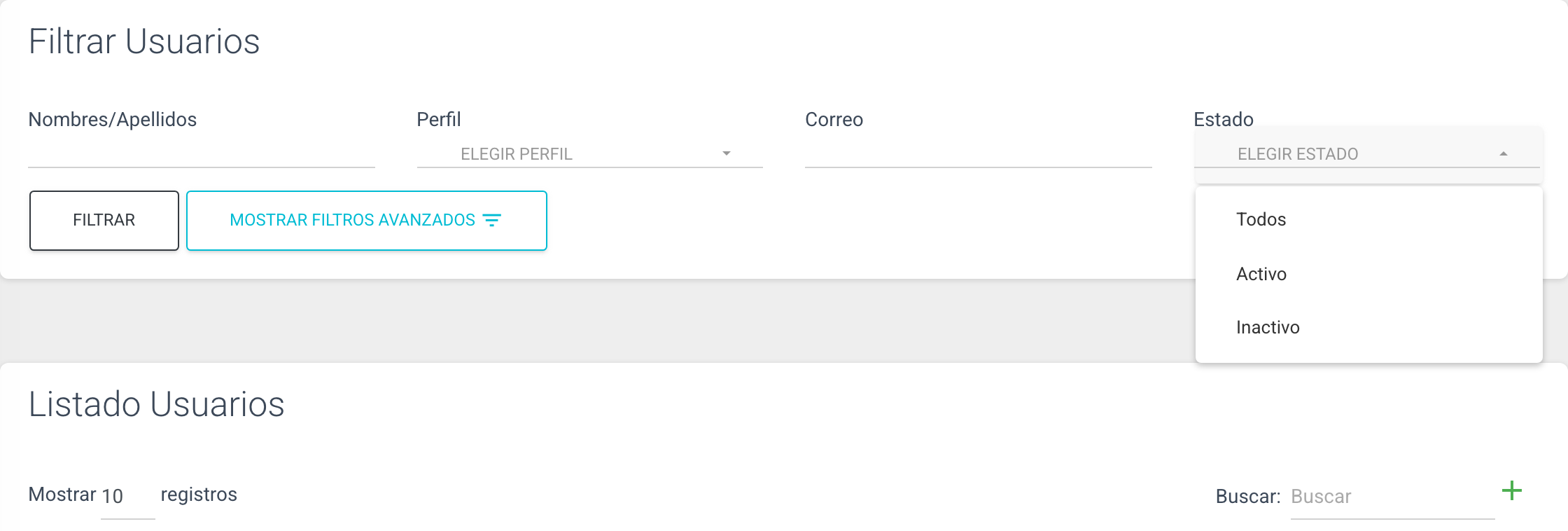 Opciones del filtro de estado