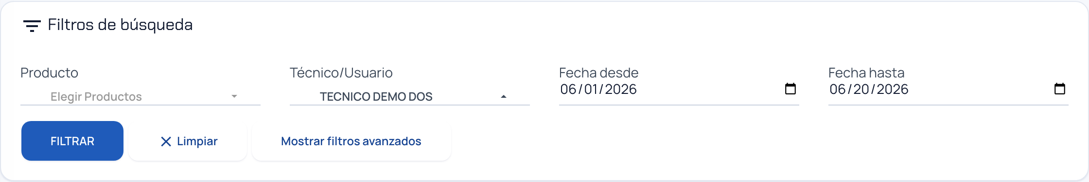 Tarjeta de filtros de búsqueda con un técnico y un rango de fechas seleccionados