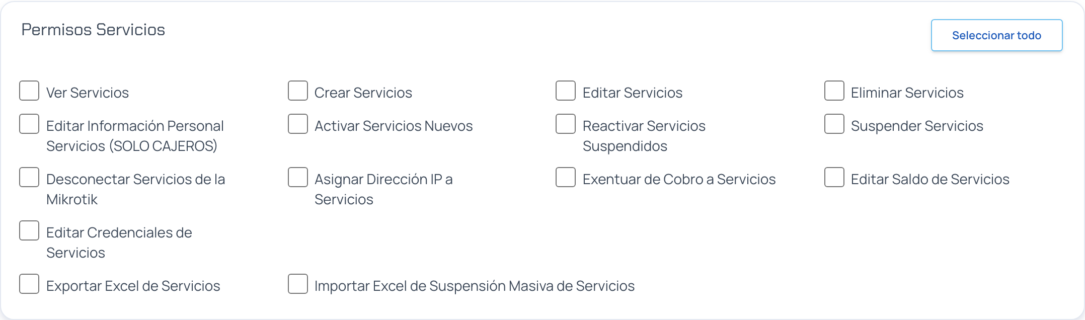 Bloque Permisos Servicios con la opción Editar Credenciales de Servicios