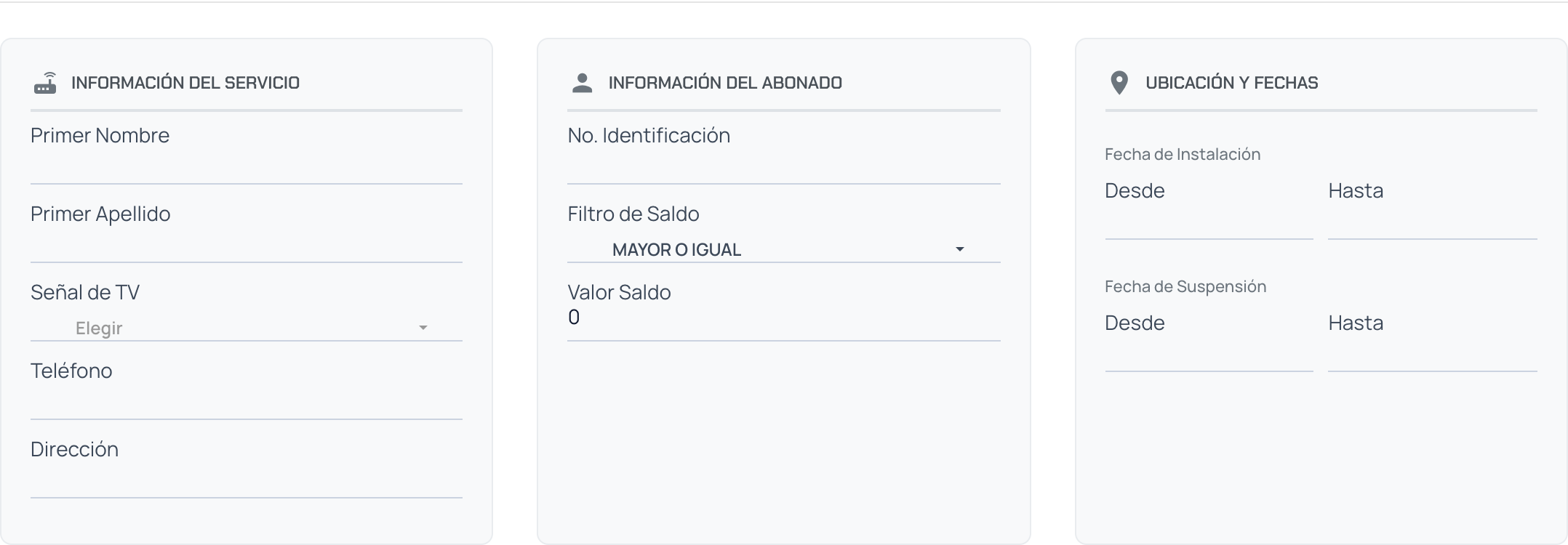 Filtros avanzados: información del servicio, información del abonado y ubicación y fechas