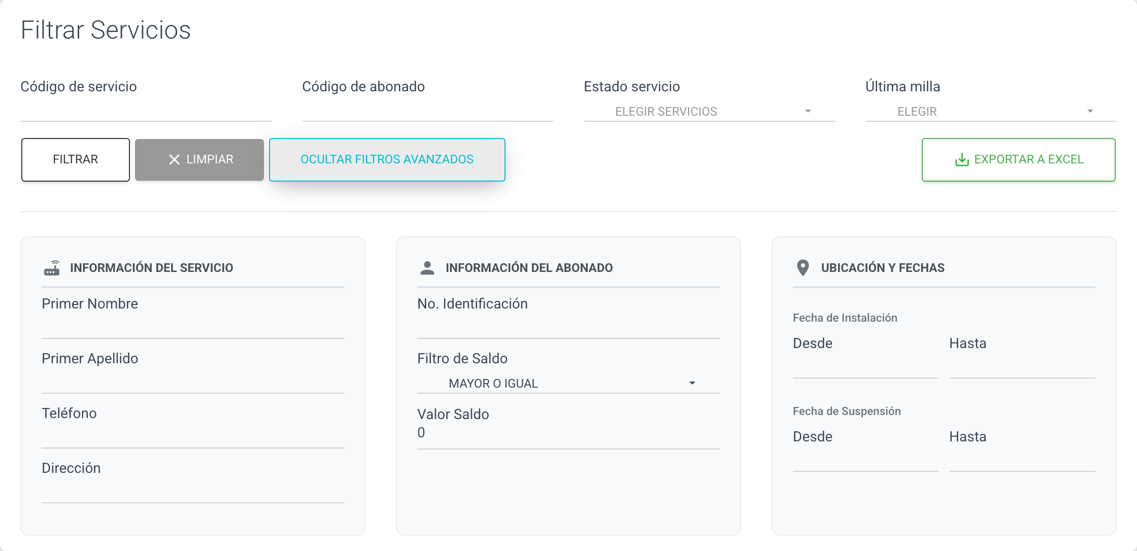 Sección de filtros avanzados de servicios