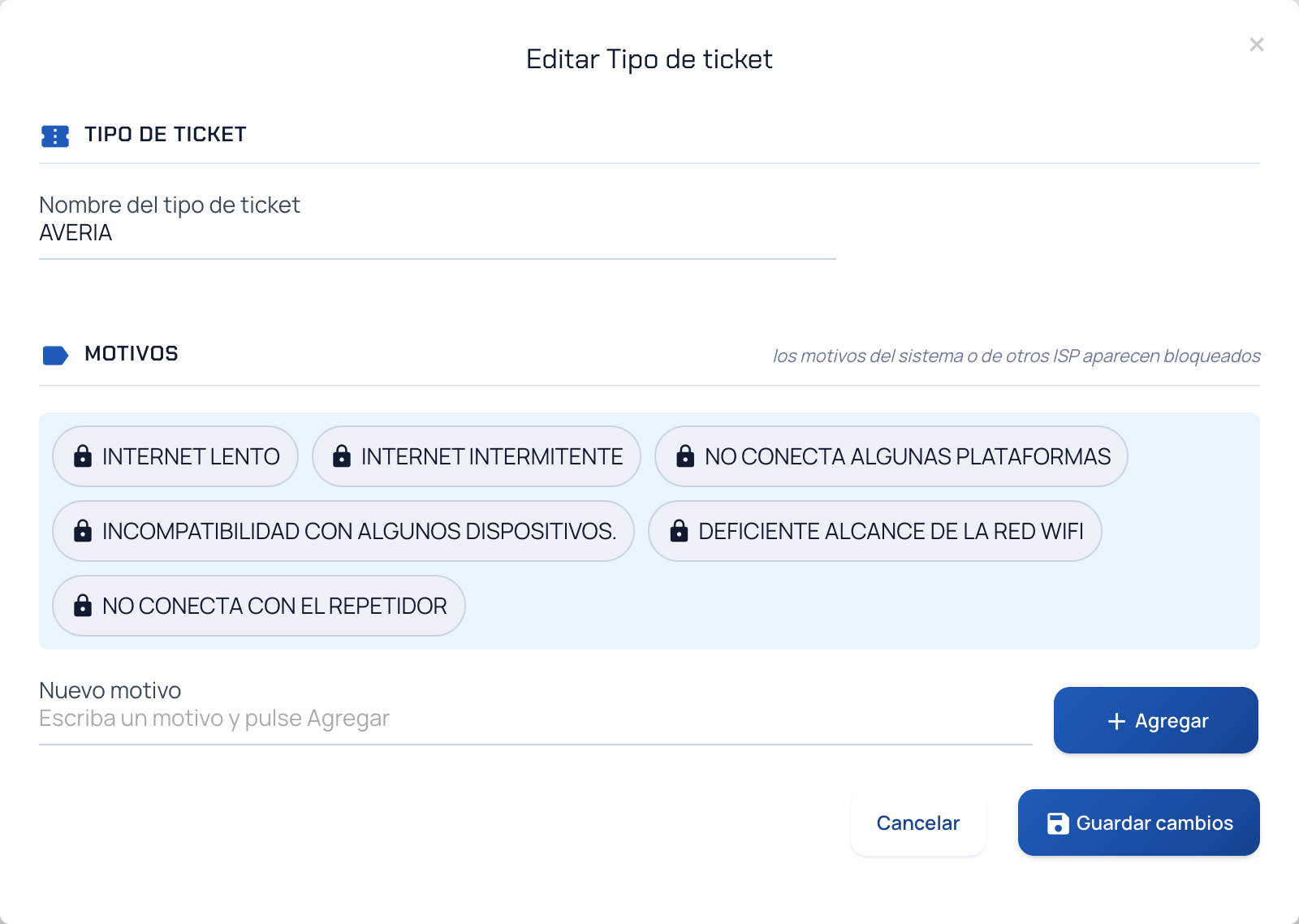 Ventana Editar Tipo de ticket con los motivos del sistema bloqueados y el campo Nuevo motivo