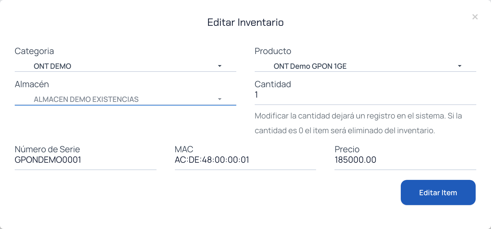 Ventana Editar Inventario con los campos de producto, almacén y cantidad