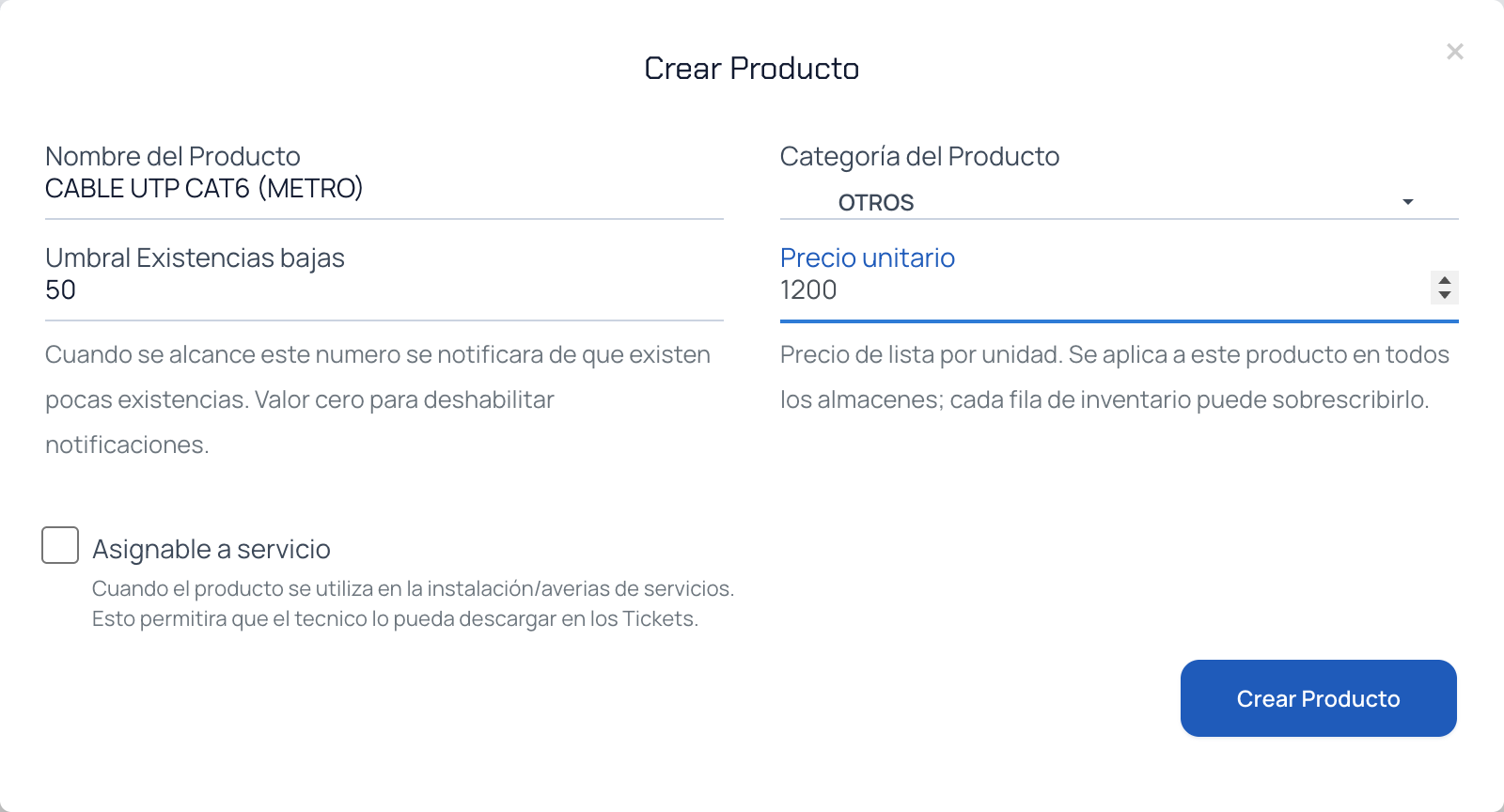 Ventana Crear Producto con el campo "Umbral Existencias bajas" y su texto de ayuda, junto al precio unitario