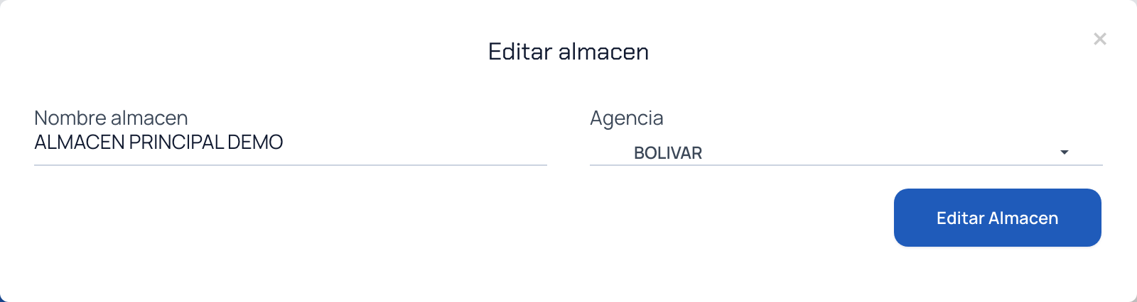 Ventana para editar un almacén con el nombre y la agencia ya cargados