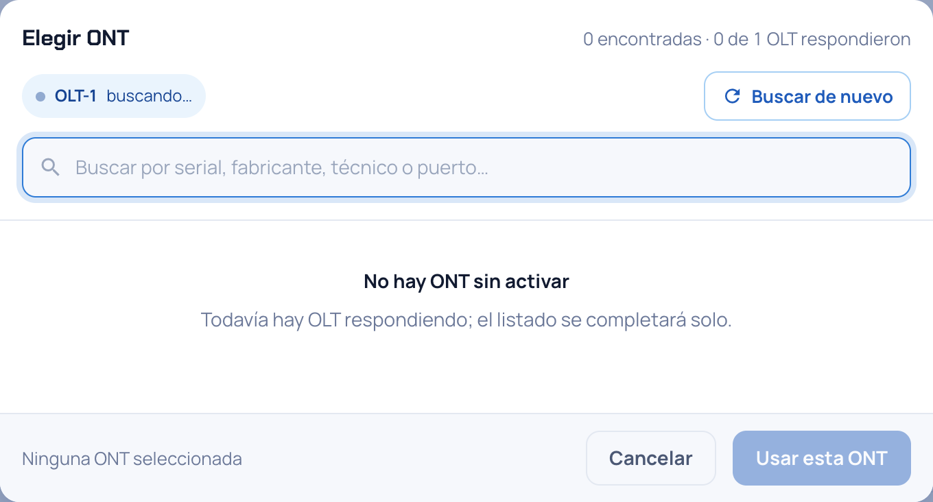 Ventana Elegir ONT con el buscador, la ficha de la OLT y la lista de ONT sin activar