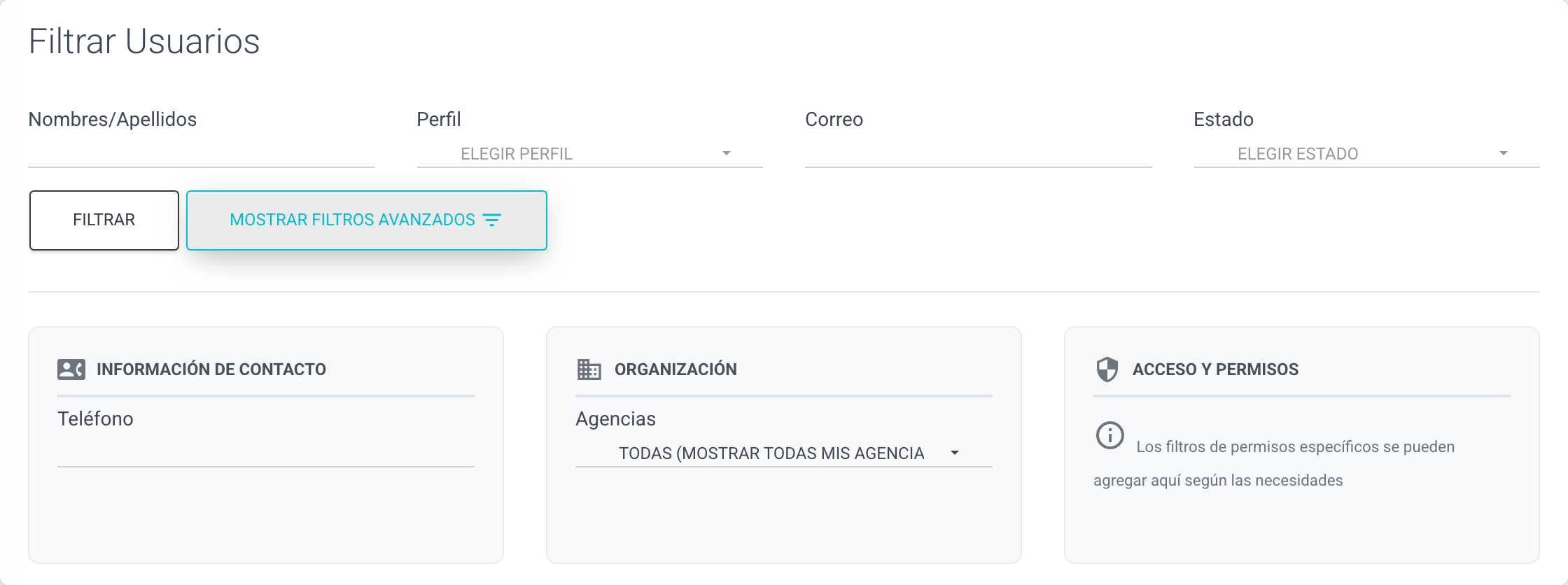 Filtros del listado de usuarios