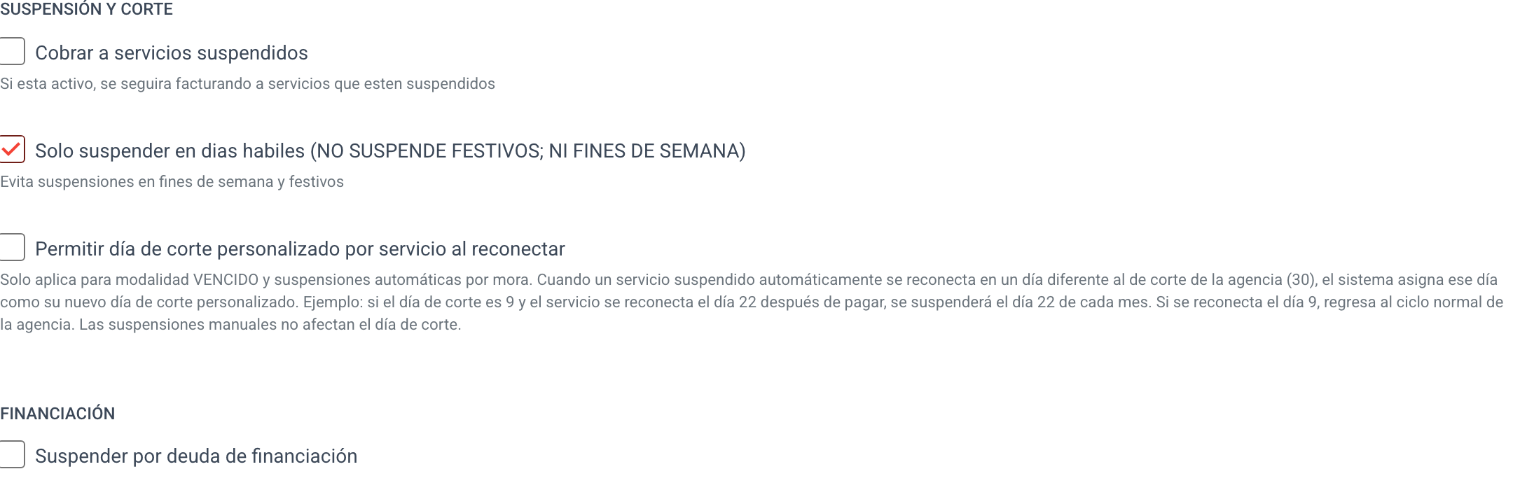 Configuración de suspensión y corte de la agencia