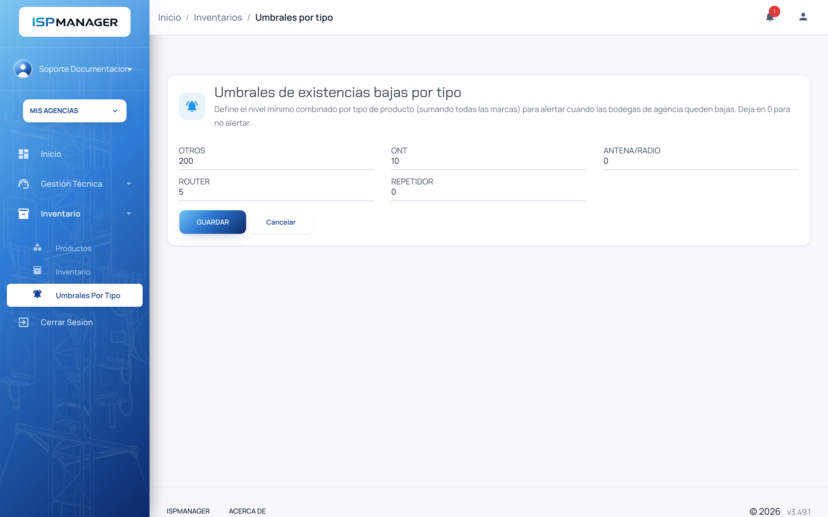 Página "Umbrales por tipo" con un campo numérico por cada tipo: OTROS, ONT, ANTENA/RADIO, ROUTER y REPETIDOR