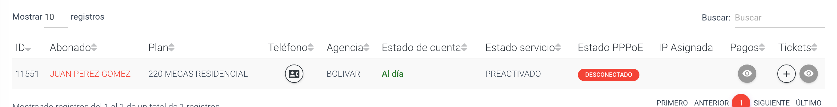 Listado de servicios con los resultados de la búsqueda
