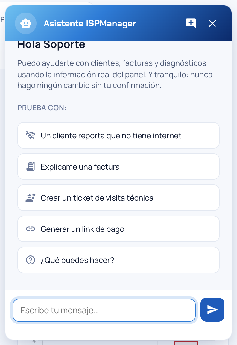 Ventana del Asistente ISPManager con el saludo y las sugerencias para empezar
