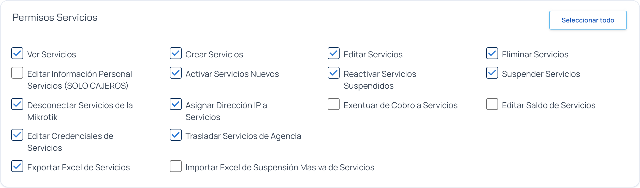 Tarjeta Permisos Servicios con sus casillas y el botón Seleccionar todo