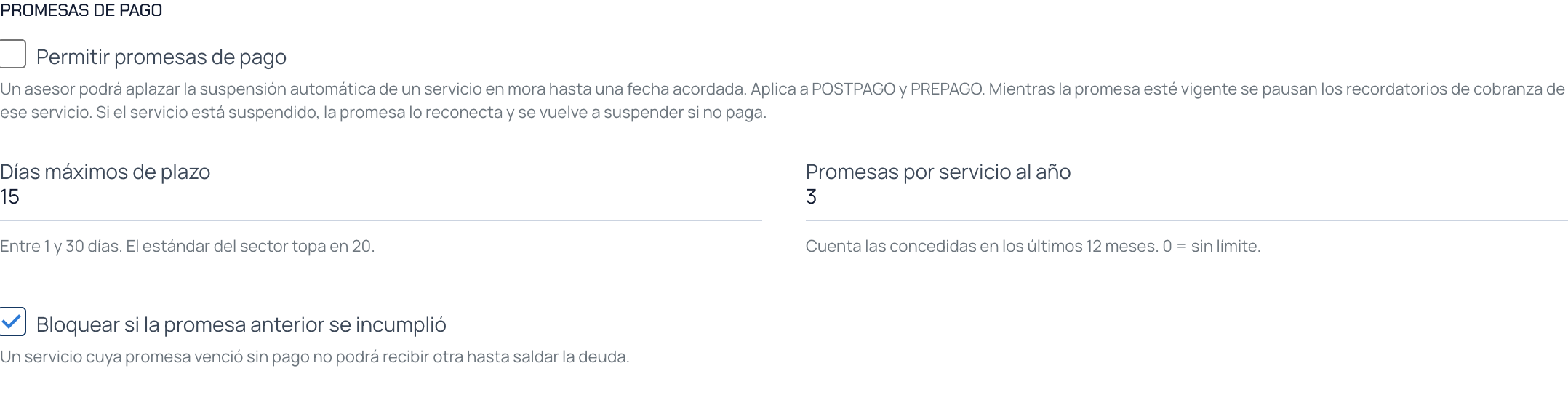 Sección Promesas de pago con el permiso, los días de plazo, el límite anual y el bloqueo por incumplimiento